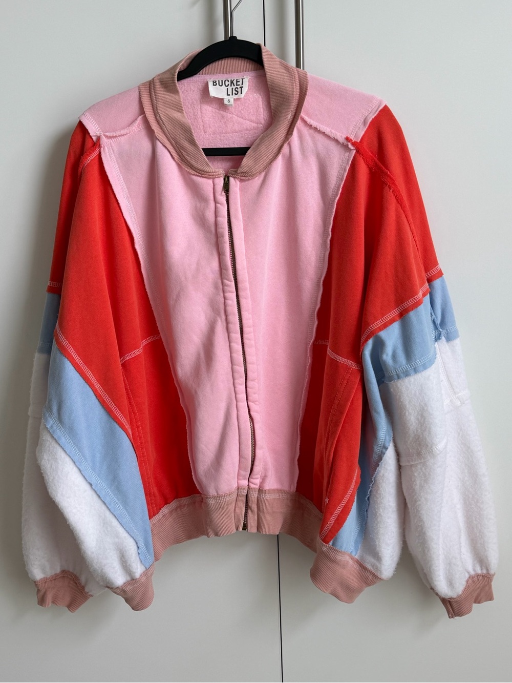 Bucket List Colorblock Zip Front Sweatshirt Small Pink Red Blue Retro Oversized